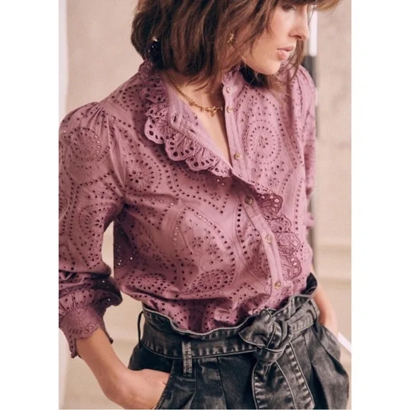 SEZANE Purple Wisteria Eyelet Ruffle Button Down Shirt Scalloped Chlo Blouse Top - Picture 14 of 14